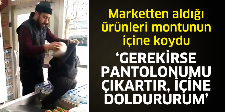 Marketten aldığı ürünleri montunun içine koydu