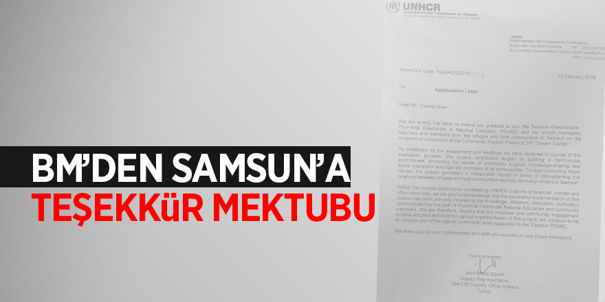 BM’den İl Milli Eğitim Müdürlüğüne teşekkür mektubu 