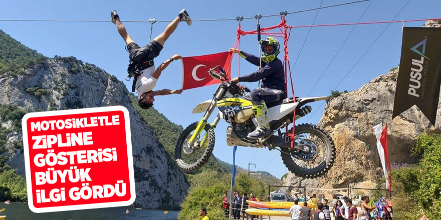 Motosikletle zipline gösterisi dikkat çekti 